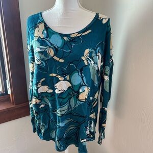 Chico's Teal and Cream Floral Long Sleeve Top